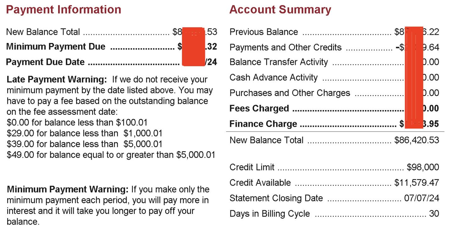 Bank of America Payment Information and Account Summary in two-column layout