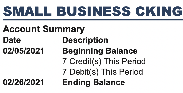 First Capital Bank account summary showing beginning balance, credits, debits, and ending balance