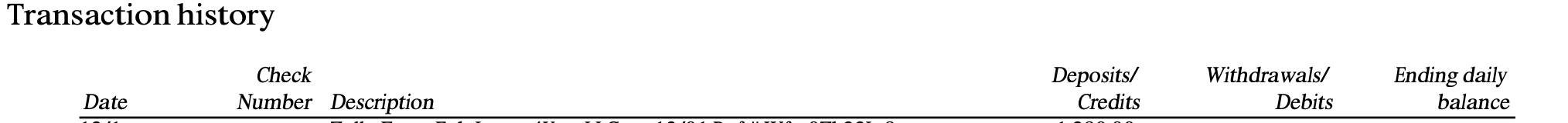 Wells Fargo transaction history table header